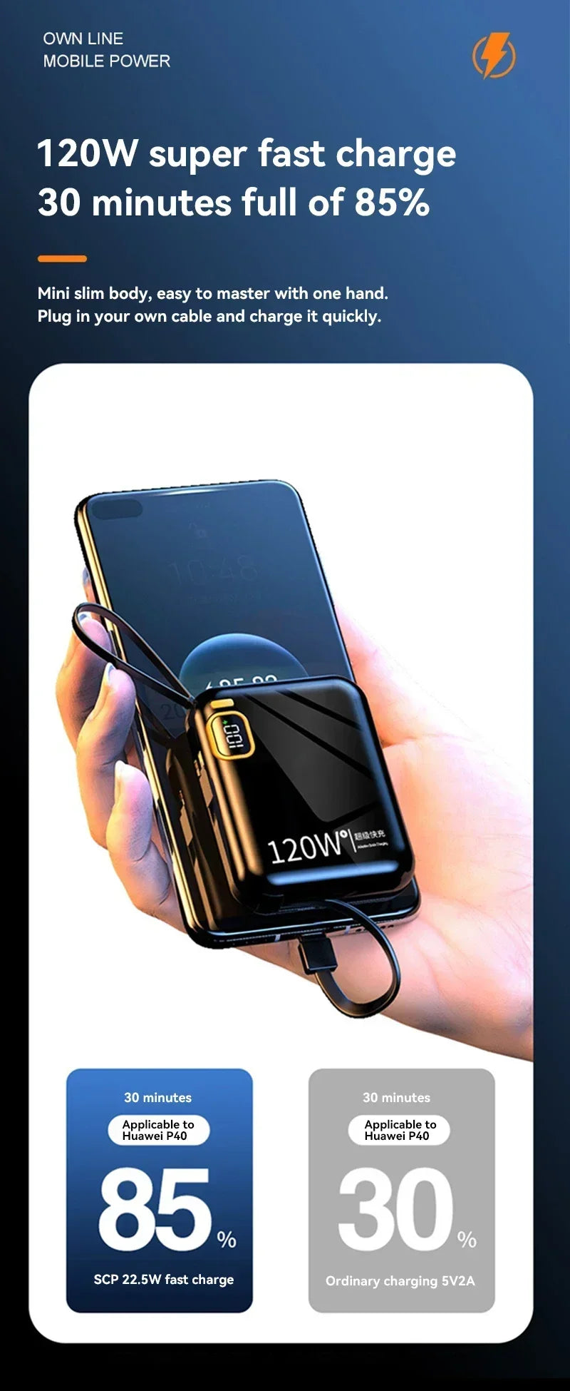 100000mAh 120W Portable Power Bank High Capacity Cable Two-way Fast Charging Mini Powerbank For Xiaomi IPhone Samsung ﻿2025 New