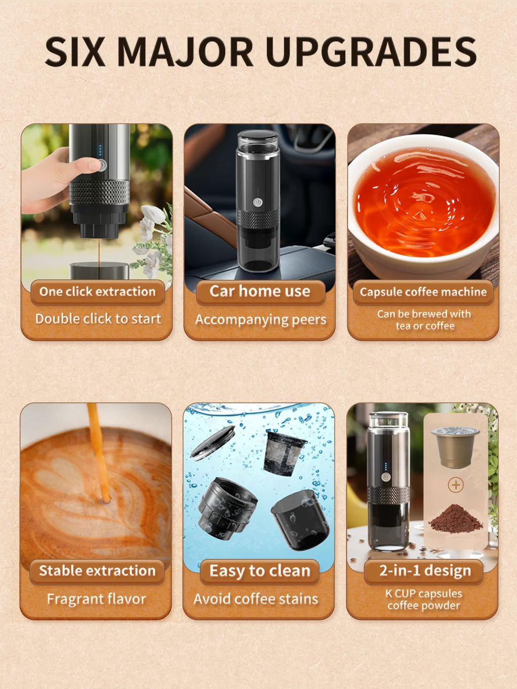 Portable Capsule Coffee Machine with 2-in-1 Design, One-Touch Dual Extraction, Compatible with Tea and Coffee Capsules, Essential for Car, Home, and Travel, Recommended for Office and Camping