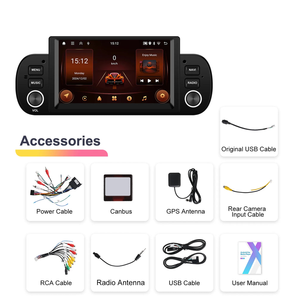 Podofo 6.2'' CarPlay Android Auto Car Stereo Radio 2+64G Multimedia Player With FM GPS Bluetooth WIFI For FIAT PANDA 2013-2020