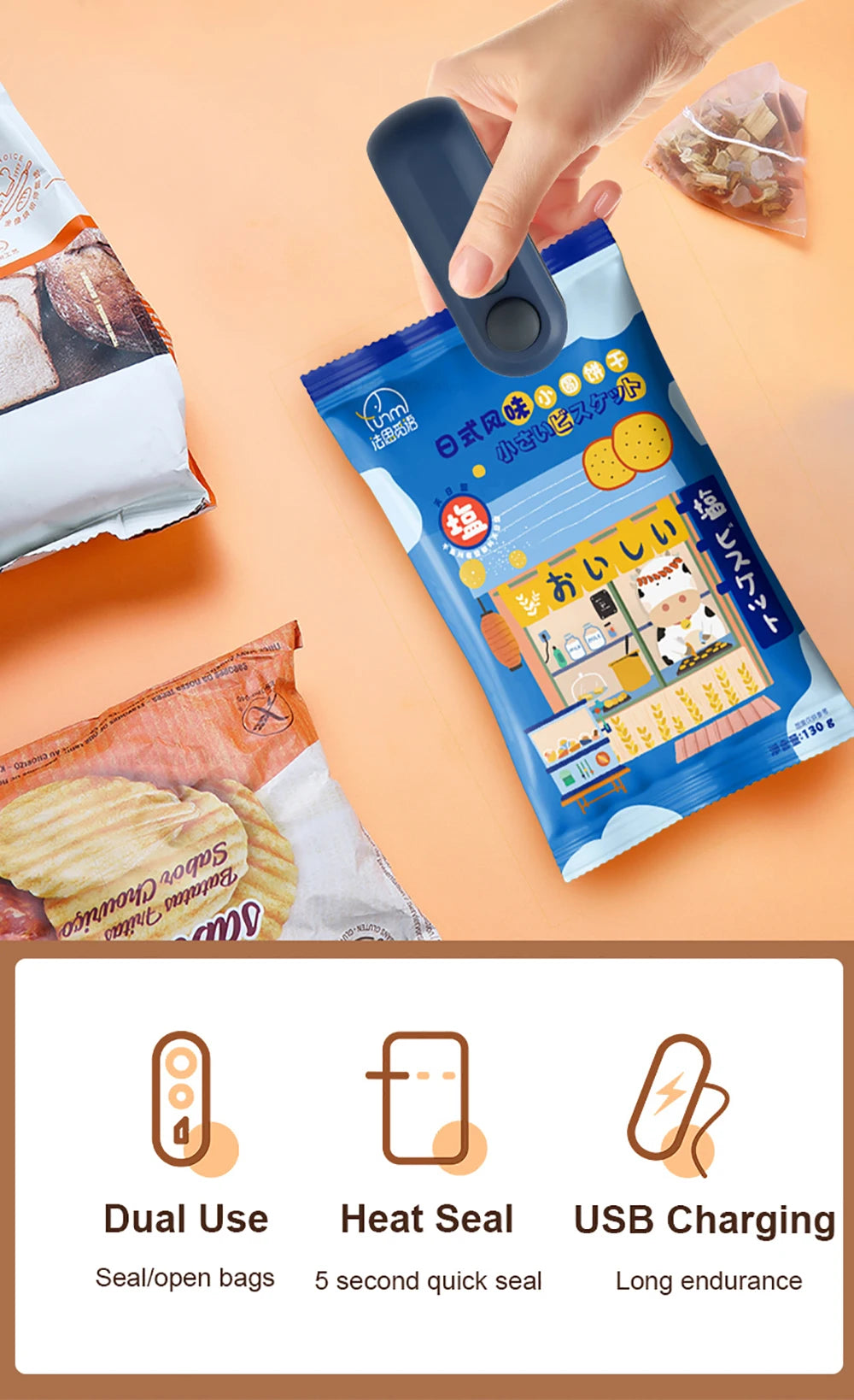 Mini Heat Bag Sealer Rechargeable Food Packaging Heat Sealer Handheld Plastic Bag Sealing Machine Food Package Clip Bag Sealer