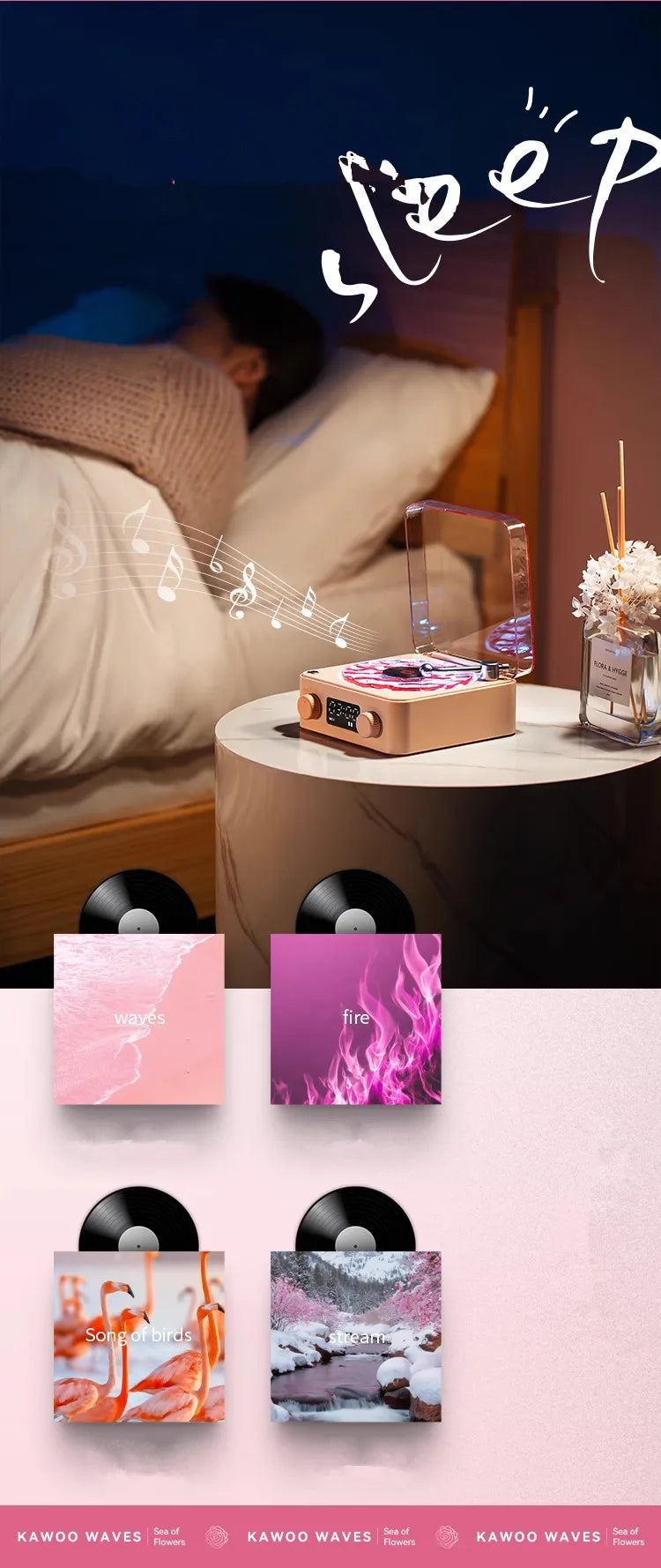 Retro Record Player Night Light with Bluetooth Speaker & White Noise Sleep Aid,RGB Mood Light for Relaxing Bedroom Nursery Decor