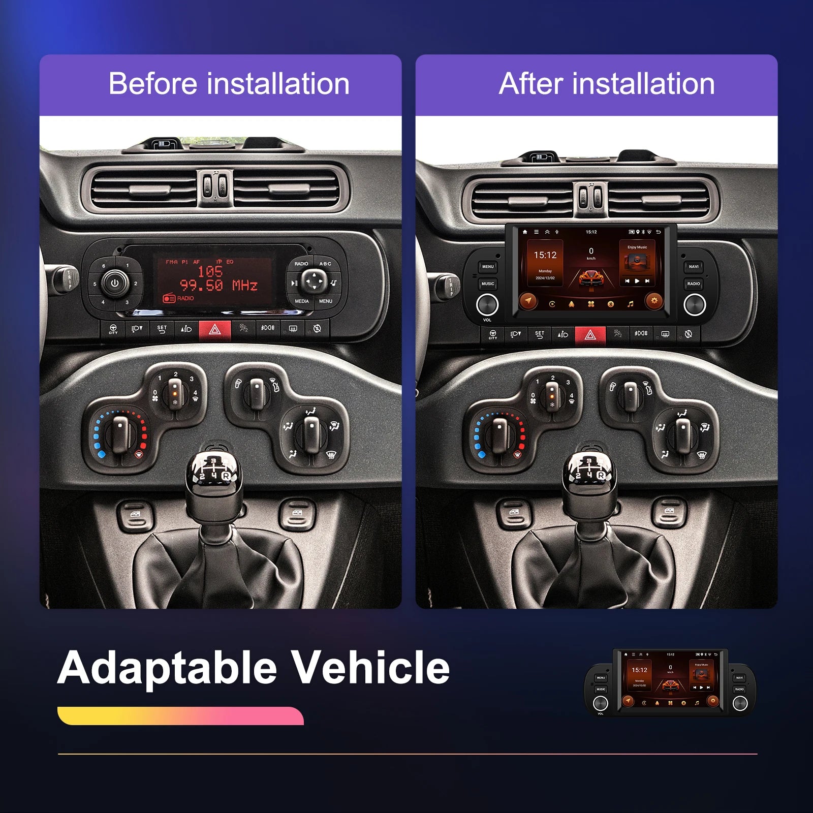 Podofo 6.2'' CarPlay Android Auto Car Stereo Radio 2+64G Multimedia Player With FM GPS Bluetooth WIFI For FIAT PANDA 2013-2020
