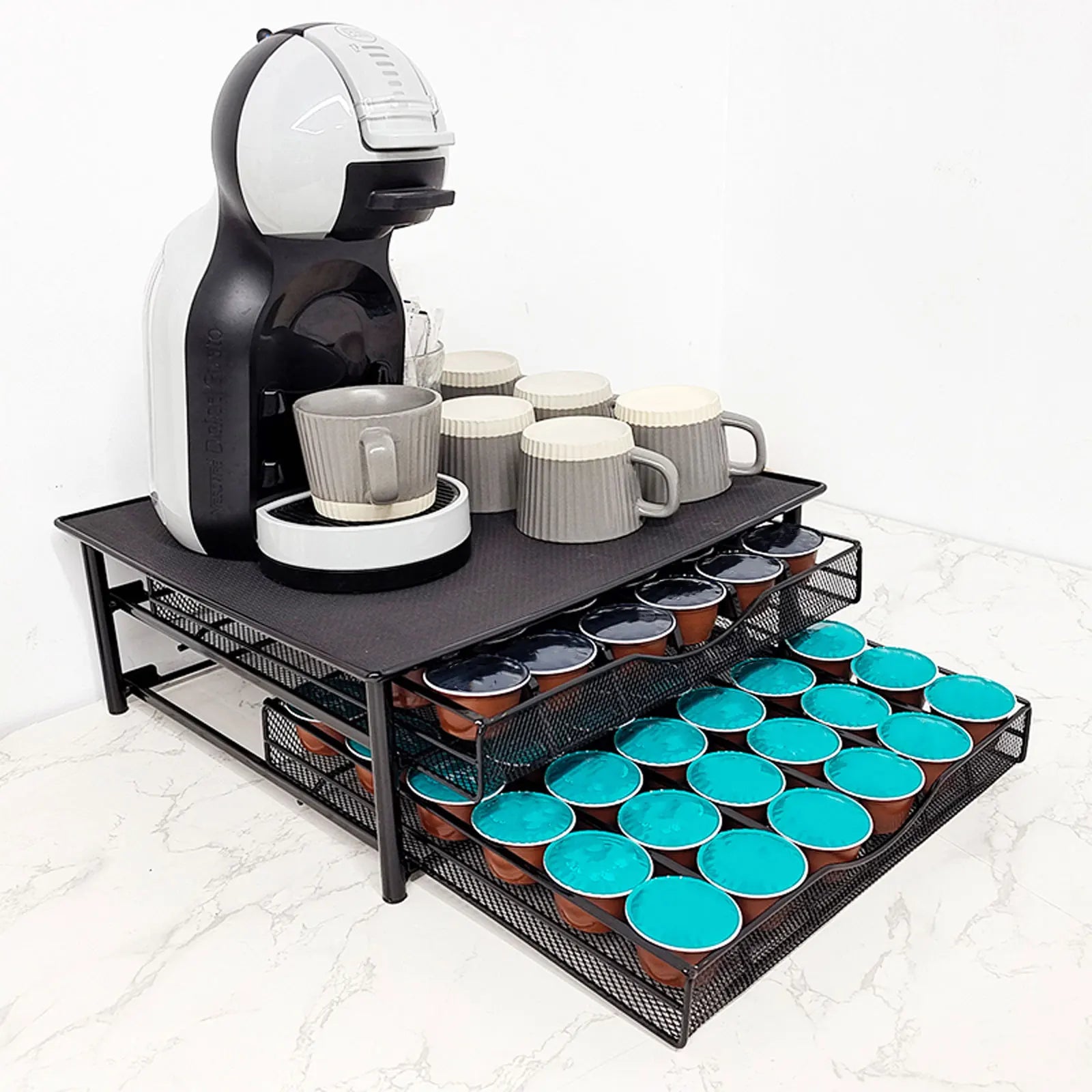 Dolce Gusto Coffee Capsule Holder 72 Pods Double Drawer Metal Storage Organizer with Coffee Machine Stand for Kitchen Office