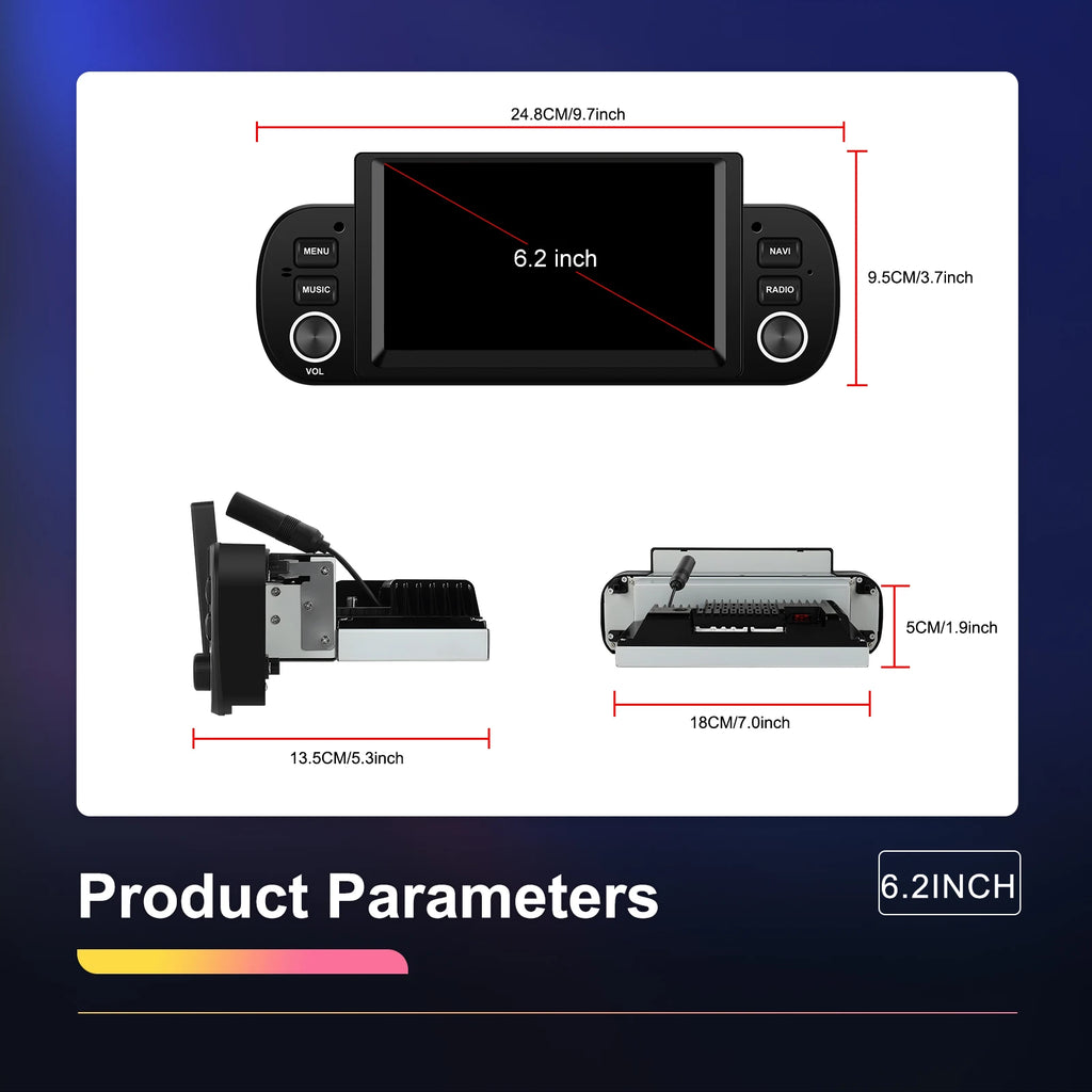 Podofo 6.2'' CarPlay Android Auto Car Stereo Radio 2+64G Multimedia Player With FM GPS Bluetooth WIFI For FIAT PANDA 2013-2020