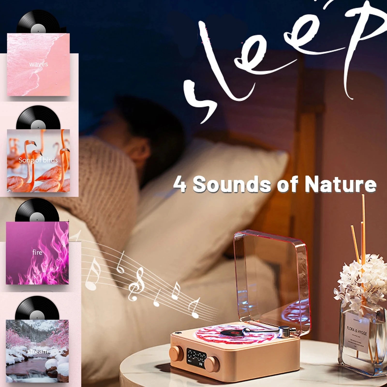 Retro Record Player Night Light with Bluetooth Speaker & White Noise Sleep Aid,RGB Mood Light for Relaxing Bedroom Nursery Decor