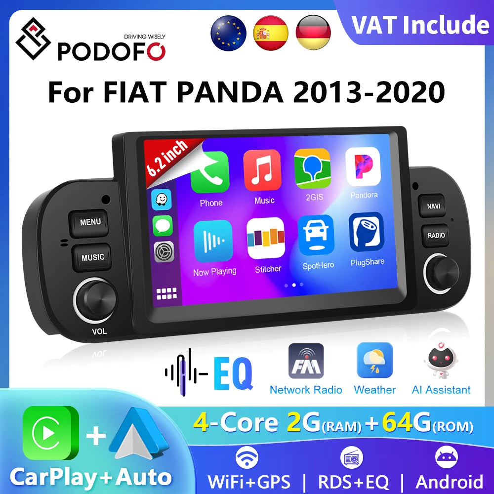 Podofo 6.2'' CarPlay Android Auto Car Stereo Radio 2+64G Multimedia Player With FM GPS Bluetooth WIFI For FIAT PANDA 2013-2020