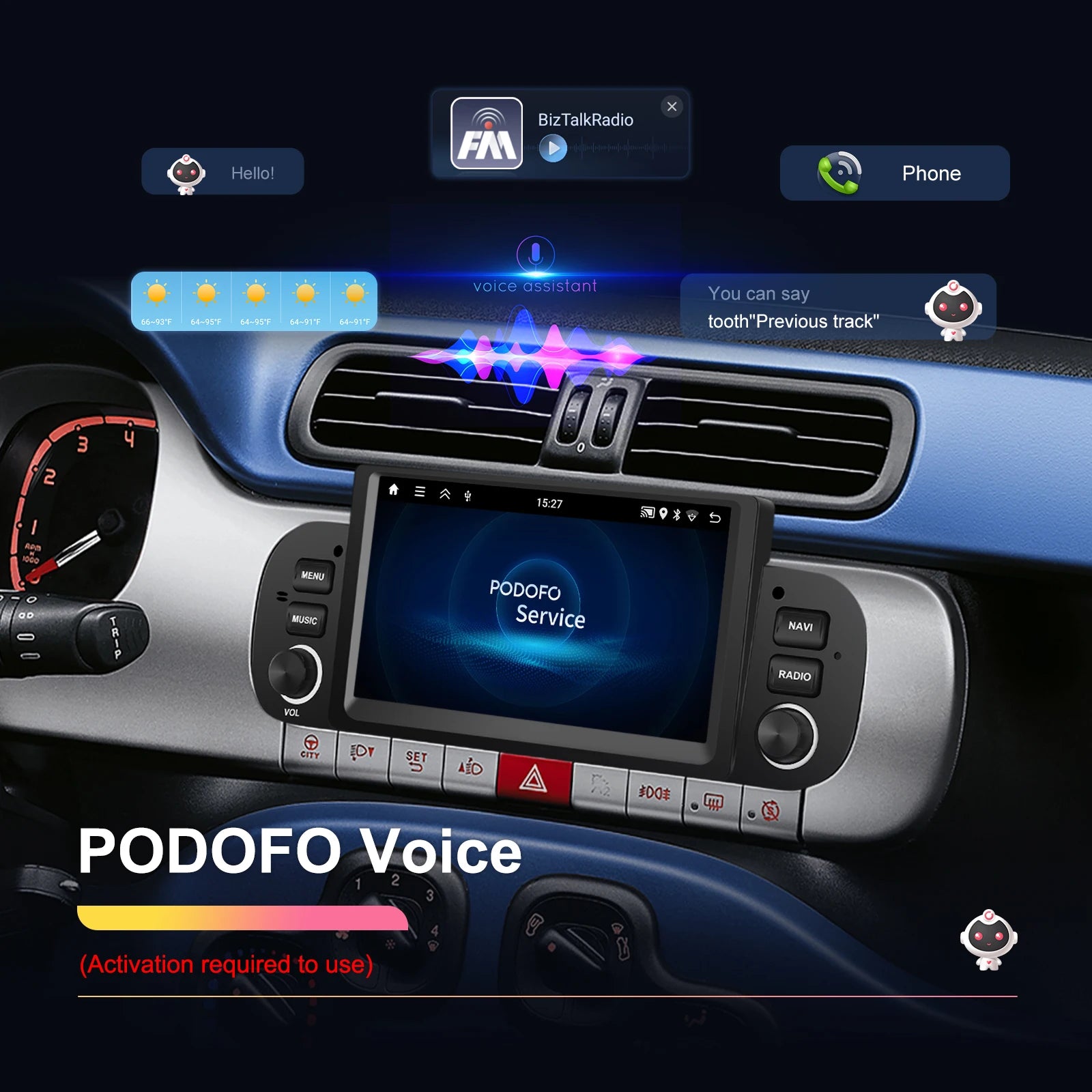 Podofo 6.2'' CarPlay Android Auto Car Stereo Radio 2+64G Multimedia Player With FM GPS Bluetooth WIFI For FIAT PANDA 2013-2020