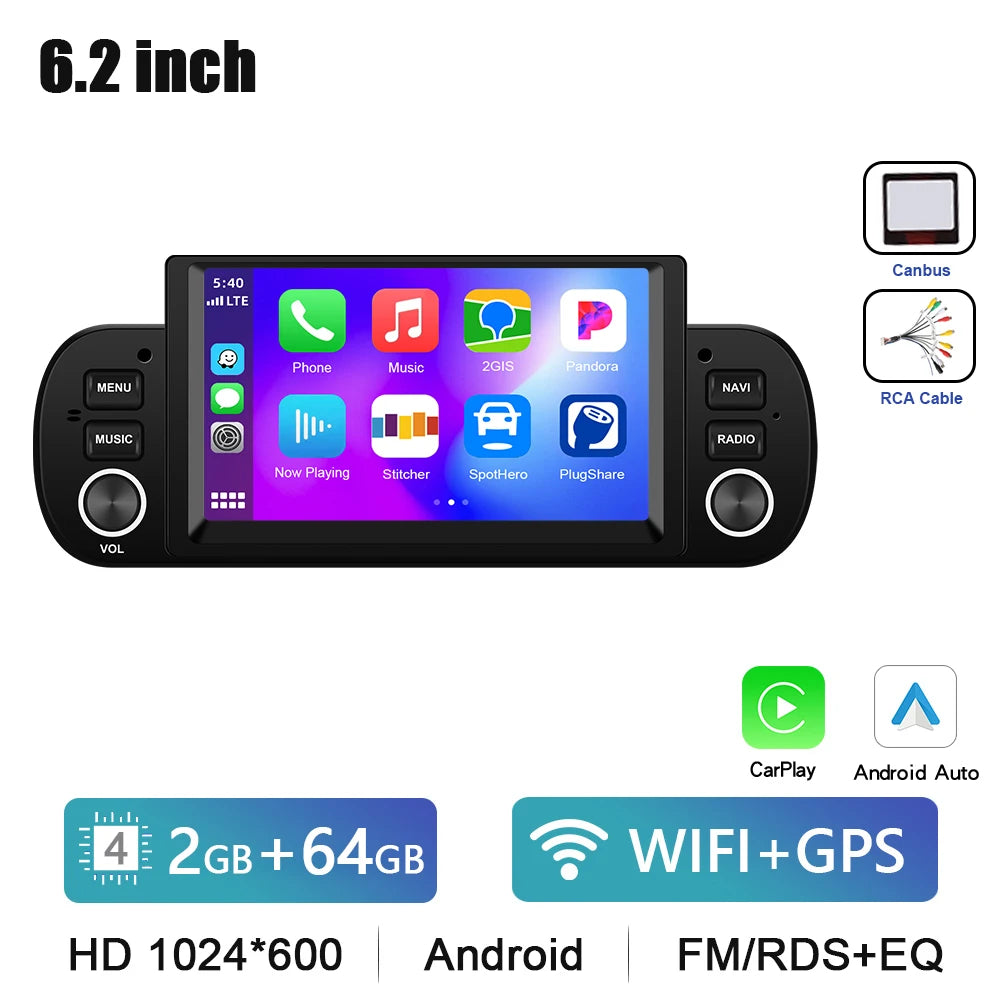 Podofo 6.2'' CarPlay Android Auto Car Stereo Radio 2+64G Multimedia Player With FM GPS Bluetooth WIFI For FIAT PANDA 2013-2020